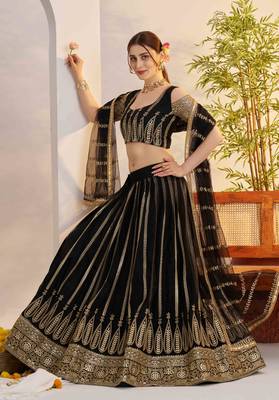 Black net fabric lehenga with sequin & thread work 4
