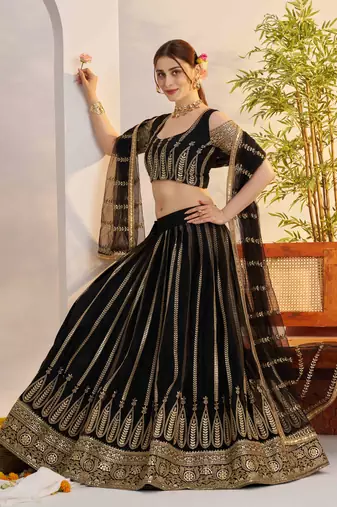 Black net fabric lehenga with sequin & thread work