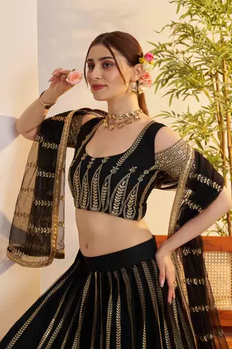 Black net fabric lehenga with sequin & thread work