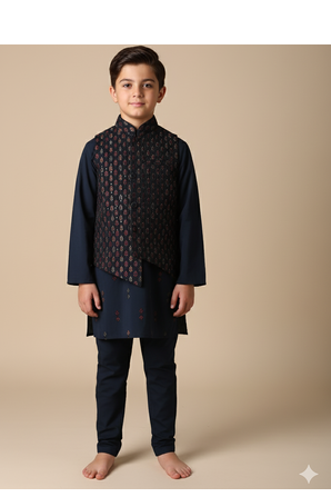 Blue embroidered kurta bandi set for boys 1