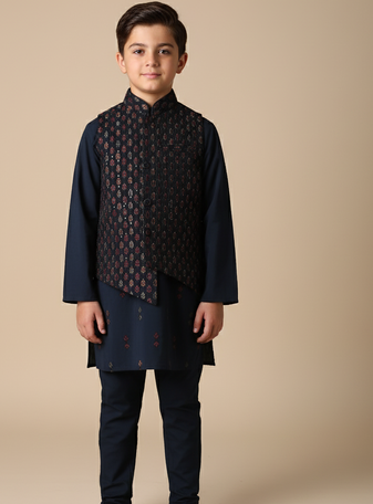 Blue embroidered kurta bandi set for boys