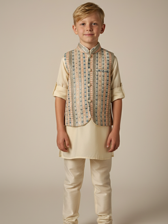 White embroidered velvet kurta bandi set for boys