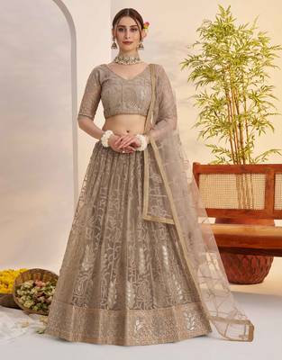 Grey net fabric lehenga with sequin & thread work 1