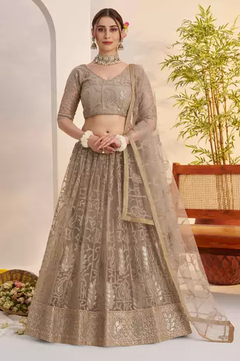 Grey net fabric lehenga with sequin & thread work