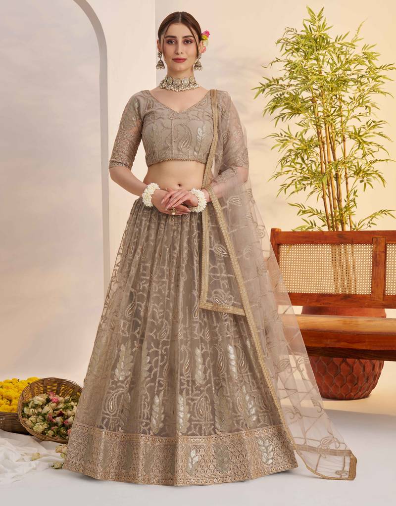 Grey net fabric lehenga with sequin & thread work