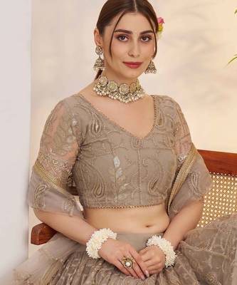 Grey net fabric lehenga with sequin & thread work 3