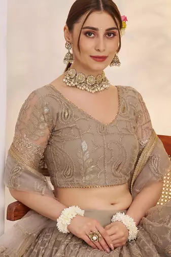 Grey net fabric lehenga with sequin & thread work