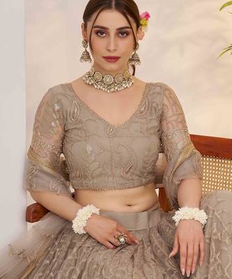 Grey net fabric lehenga with sequin & thread work 4