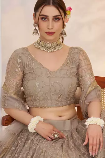 Grey net fabric lehenga with sequin & thread work