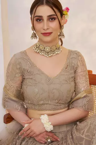 Grey net fabric lehenga with sequin & thread work