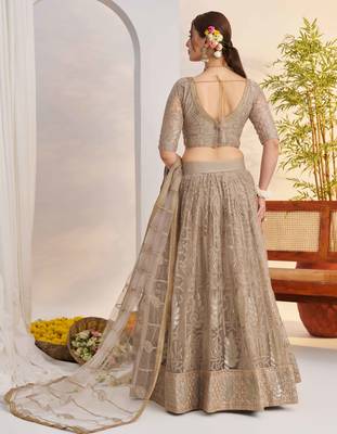 Grey net fabric lehenga with sequin & thread work 6