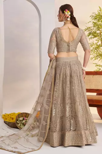 Grey net fabric lehenga with sequin & thread work