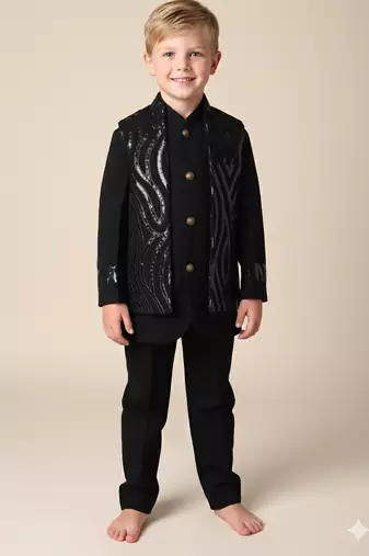 Black embroidered open jacket indo western set for boys