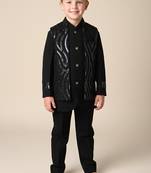 Black embroidered open jacket indo western set for boys