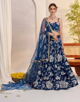 Mor Peach Blue net fabric lehenga with sequin & thread work 1