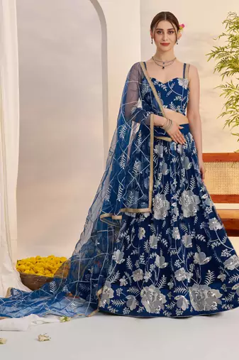 Mor Peach Blue net fabric lehenga with sequin & thread work