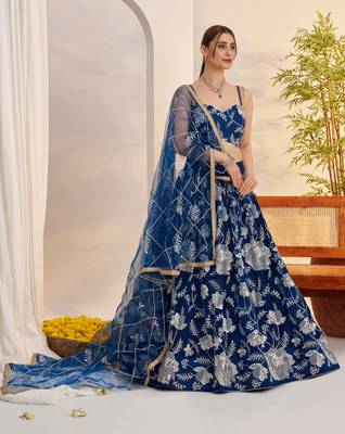 Mor Peach Blue net fabric lehenga with sequin & thread work 3