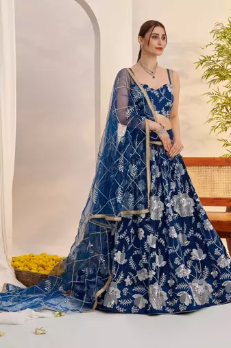 Mor Peach Blue net fabric lehenga with sequin & thread work