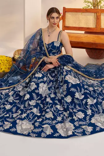 Mor Peach Blue net fabric lehenga with sequin & thread work