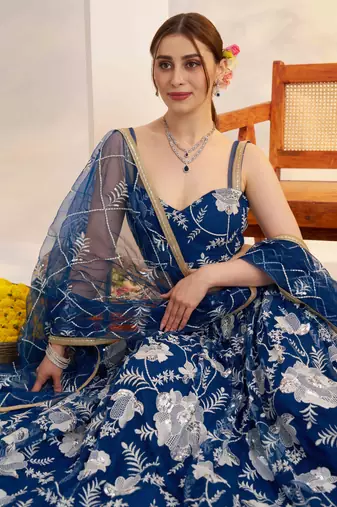 Mor Peach Blue net fabric lehenga with sequin & thread work
