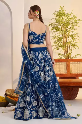 Mor Peach Blue net fabric lehenga with sequin & thread work