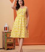 Women cotton floral print fit and flared dress 