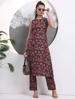 Rust animal print aline pure cotton kurta trouser set 1
