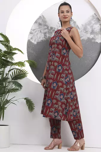 Rust animal print aline pure cotton kurta trouser set