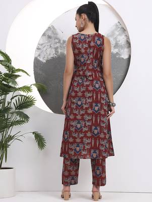 Rust animal print aline pure cotton kurta trouser set 3