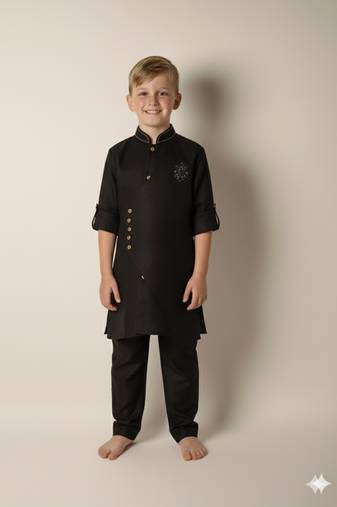 Black linen kurta set for boys