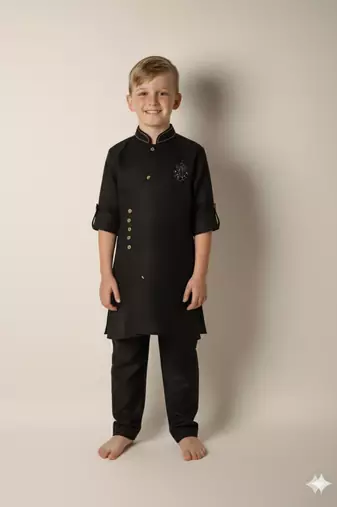 Black linen kurta set for boys