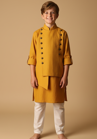 Yellow viscose kurta bandi set for boys