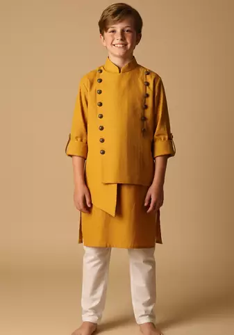 Yellow viscose kurta bandi set for boys