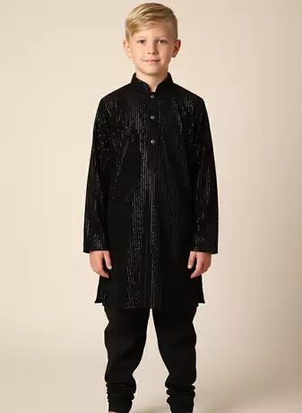 Black velvet kurta set for boys