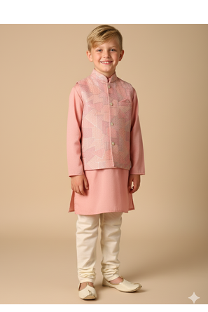 Pink embroidered kurta bandi set for boys 1