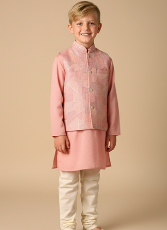 Pink embroidered kurta bandi set for boys