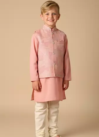 Pink embroidered kurta bandi set for boys