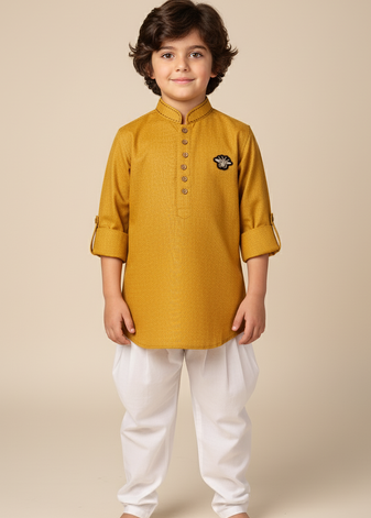 Yellow linen short kurta for boys