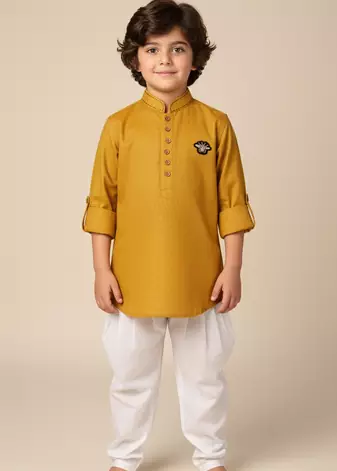 Yellow linen short kurta for boys