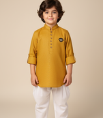 Yellow linen short kurta for boys