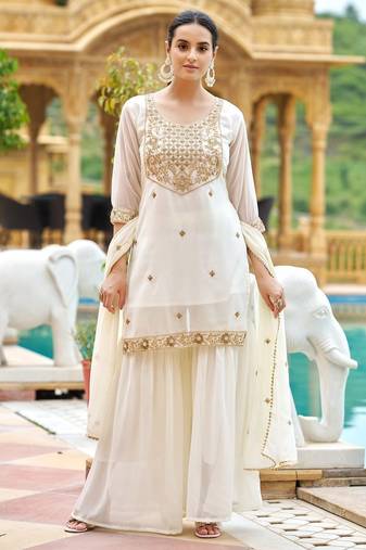 Off white embroidered georgette sharara set