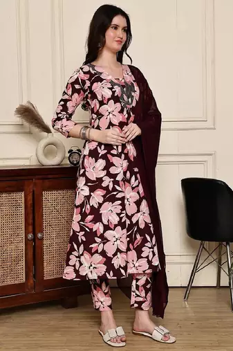 Maroon floral printed kurta set