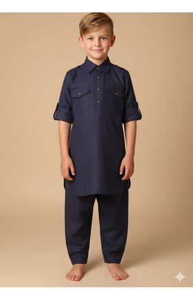 Navy blue textile pathani set for boys 1