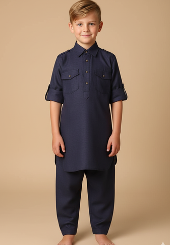 Navy blue textile pathani set for boys