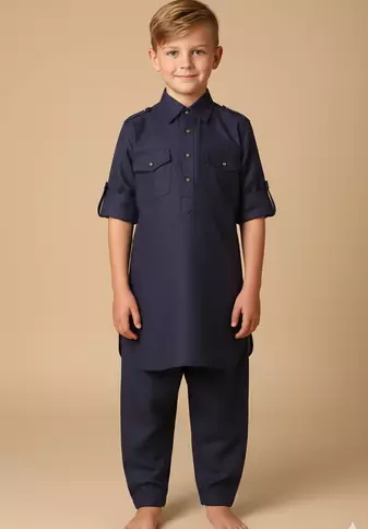 Navy blue textile pathani set for boys