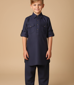 Navy blue textile pathani set for boys