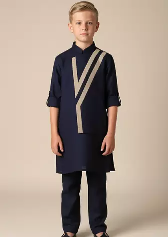 Blue viscose kurta bandi set for boys
