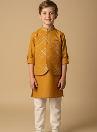 Yellow embroidered viscose kurta bandi set for boys