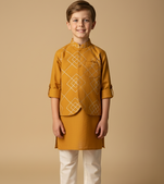 Yellow embroidered viscose kurta bandi set for boys