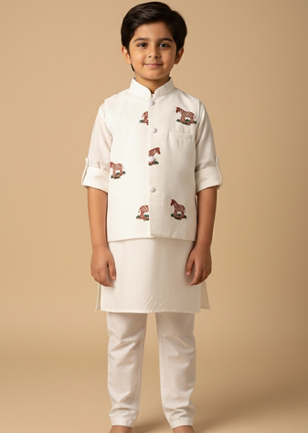 Maroon embroidery on white modal kurta bandi set for boys